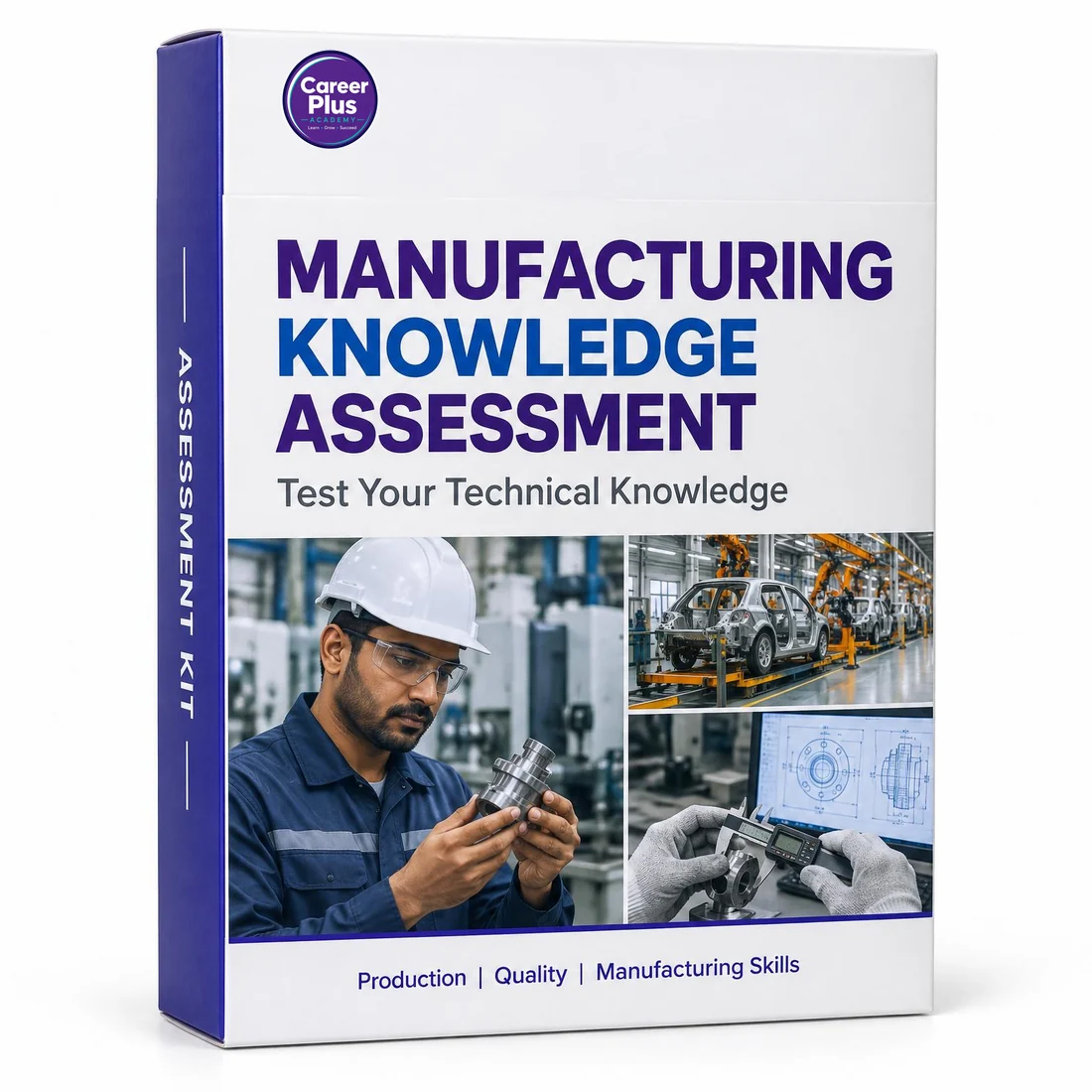 Career Plus Academy Manufacturing Knowledge Assessment white 3D kit cover with engineer, production line and quality inspection