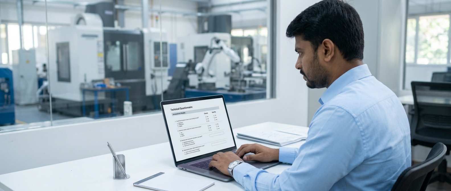 Indian manufacturing professional taking a technical assessment on a laptop in a factory office