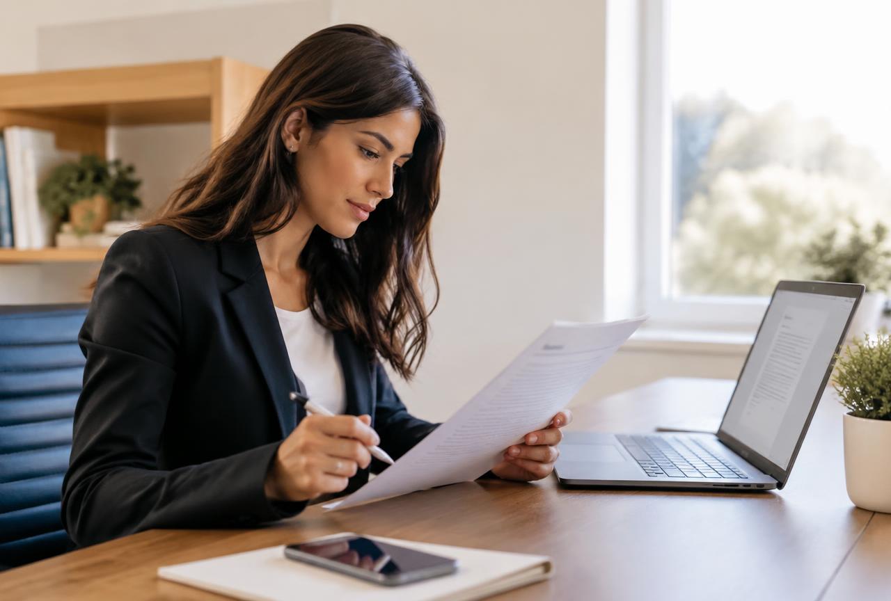Professional reviewing a resume displayed on a laptop at a clean office desk